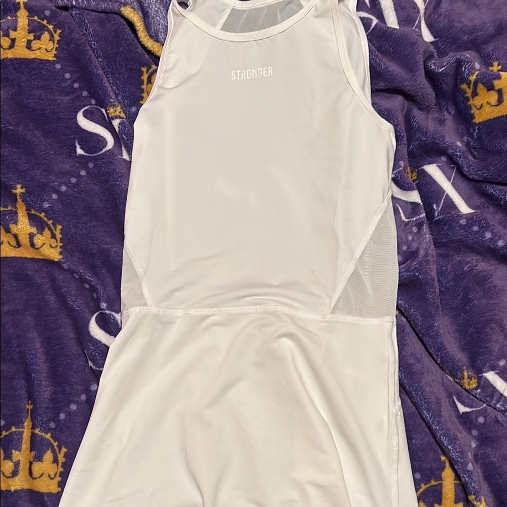 Strong Suit White Dress with High Neckline and Minimalist Design